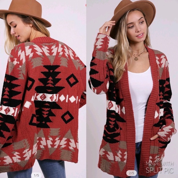 Oversized Last S SOFT New Cozy Aztec Southwest Bohemian Knitted Sweater Cardigan - Picture 4 of 17